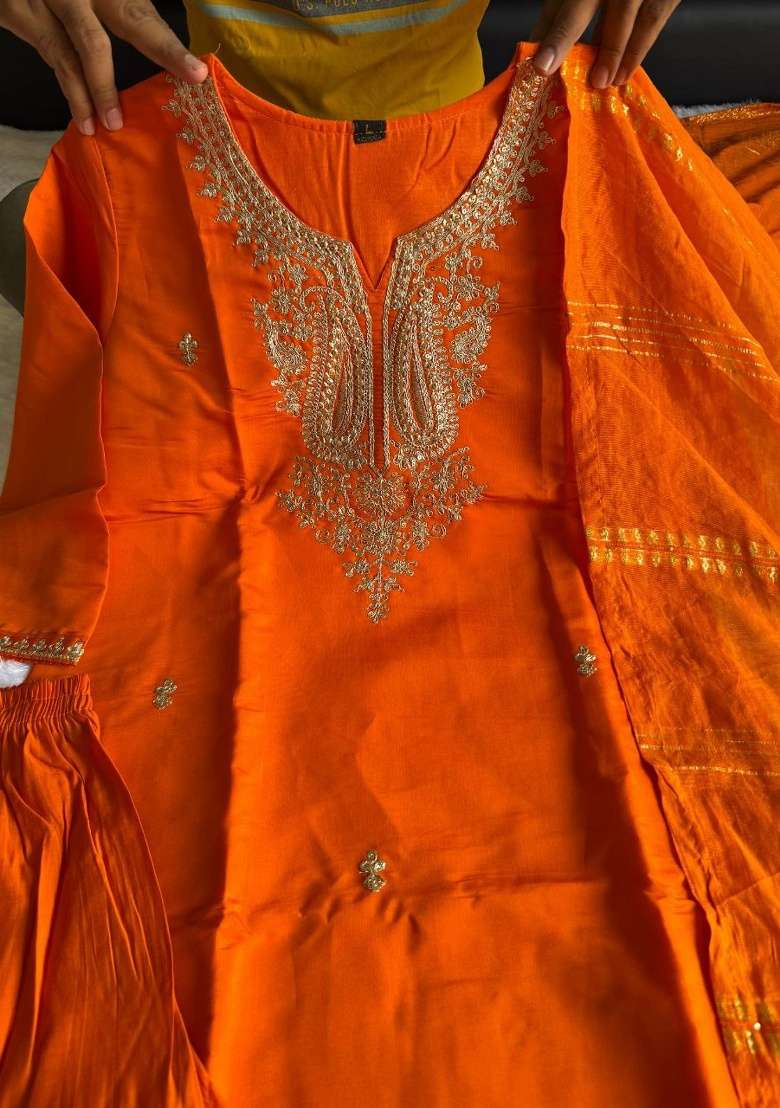 Orange Embroidery Silk Kurta Set - Indya