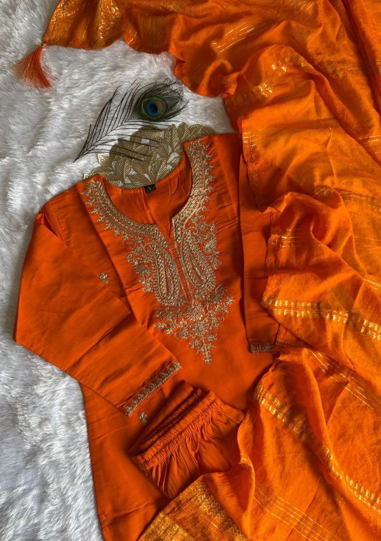 Orange Embroidery Silk Kurta Set - Indya