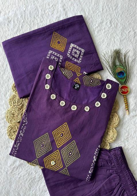 Purple Embroidery Cotton Kurta Set