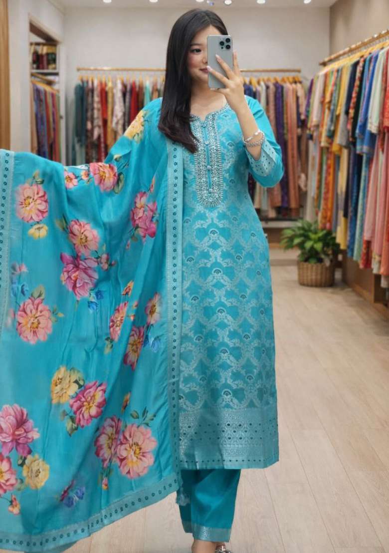 Sky Blue Embroidery Silk Kurta Set - Indya