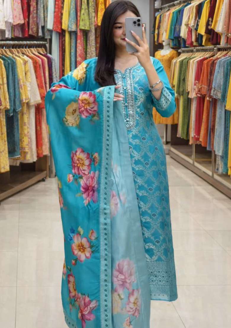 Sky Blue Embroidery Silk Kurta Set - Indya