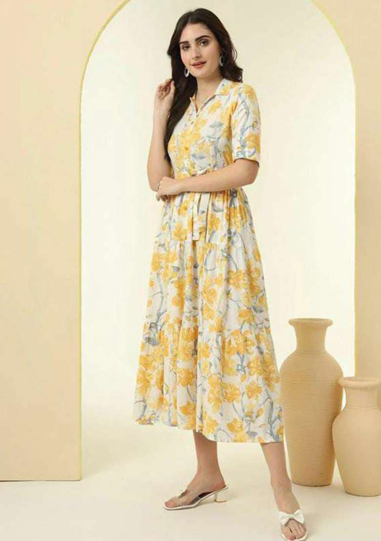 Yellow Embroidery Rayon Kurta Set - Indya