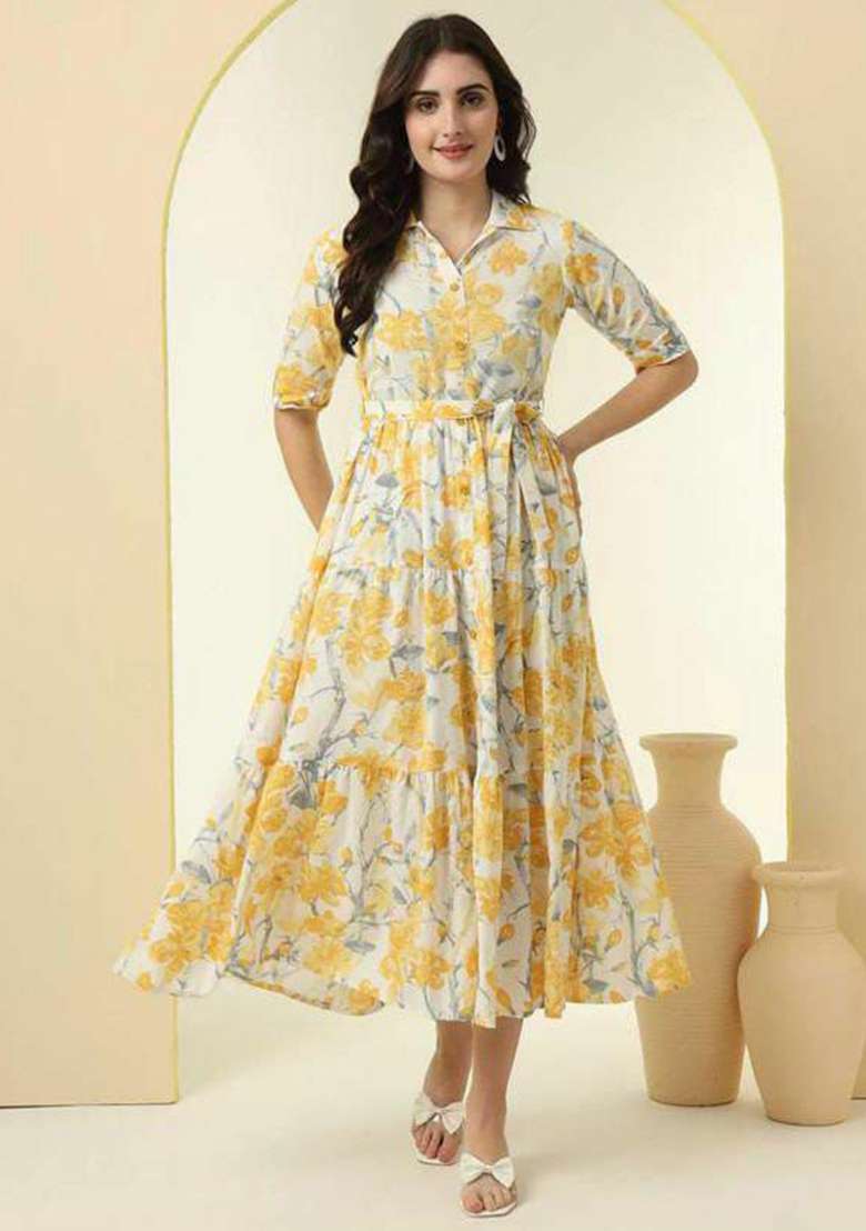 Yellow Embroidery Rayon Kurta Set - Indya