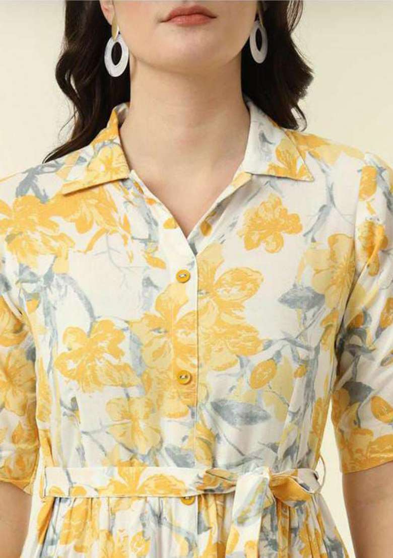 Yellow Embroidery Rayon Kurta Set - Indya