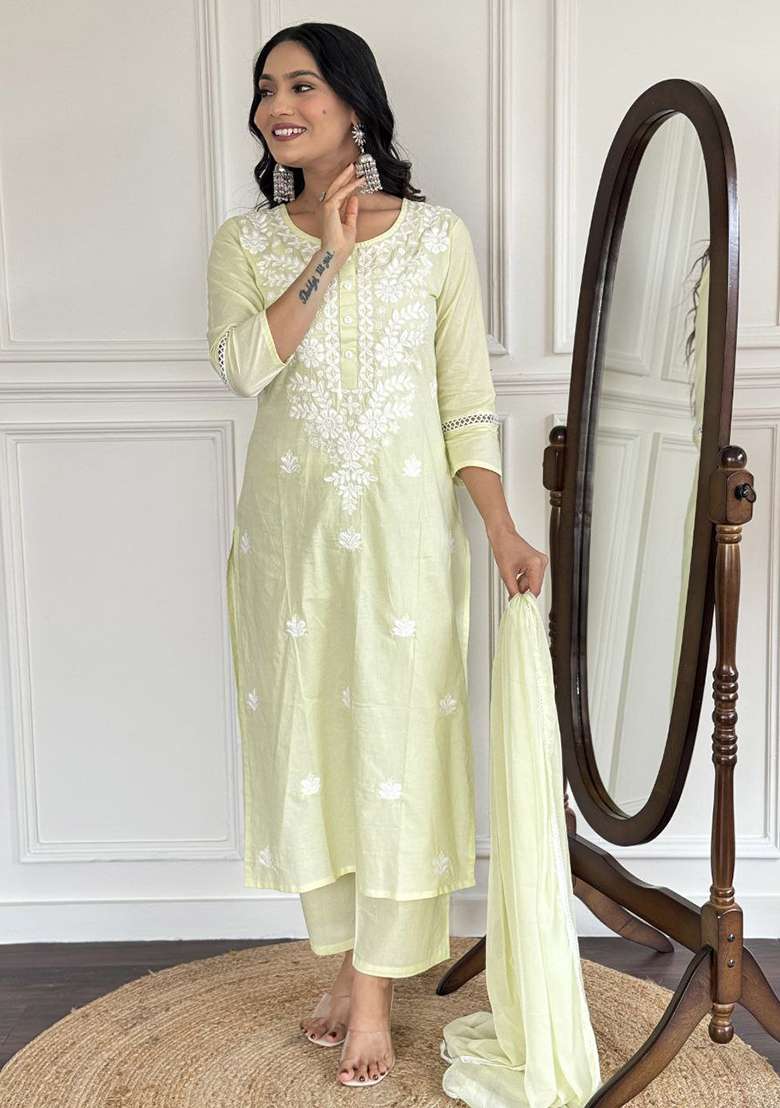 Yellow Embroidery Cotton Kurta Set - Indya