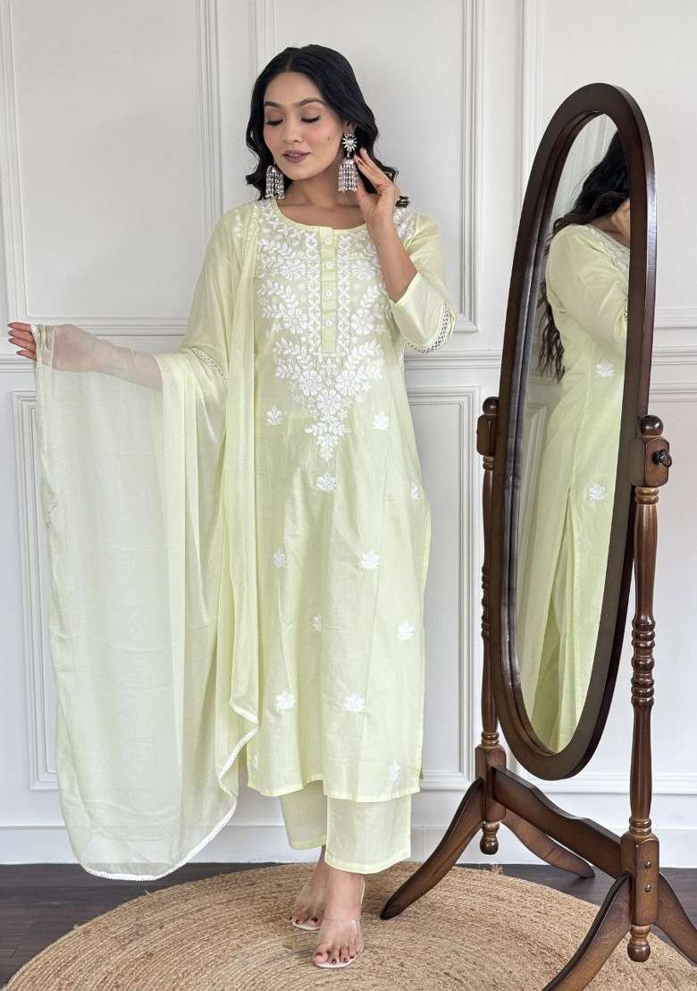 Yellow Embroidery Cotton Kurta Set - Indya