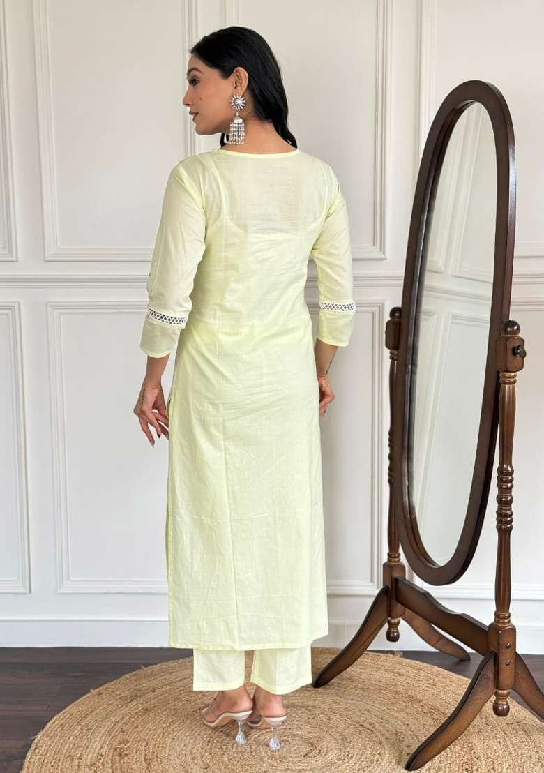 Yellow Embroidery Cotton Kurta Set - Indya