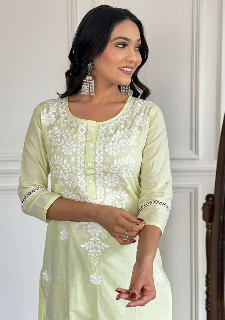 Yellow Embroidery Cotton Kurta Set - Indya