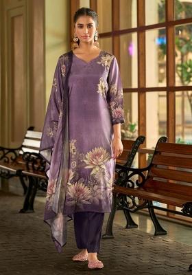 Purple Embroidery Silk Kurta Set
