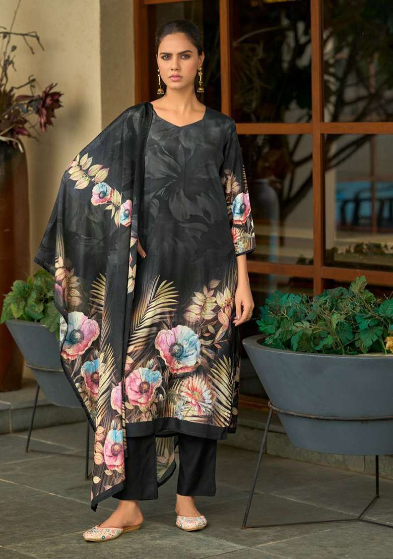 Black Embroidery Silk Kurta Set - Indya