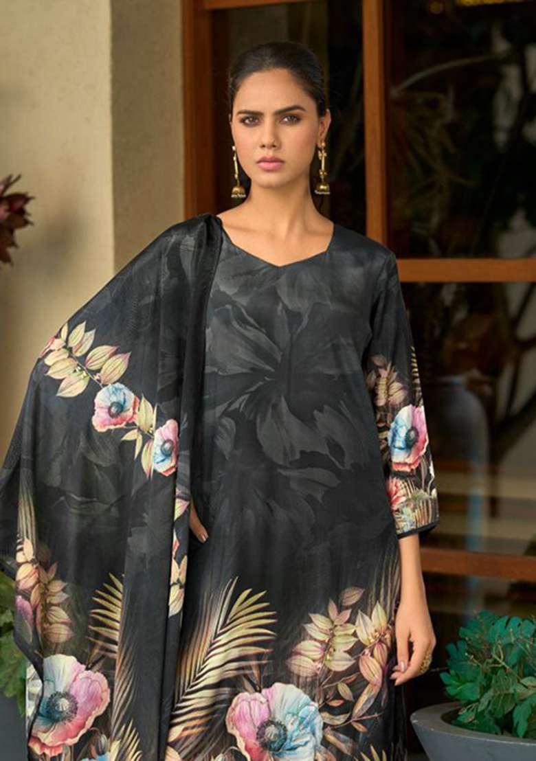 Black Embroidery Silk Kurta Set - Indya