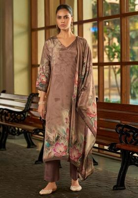 Brown Embroidery Silk Kurta Set