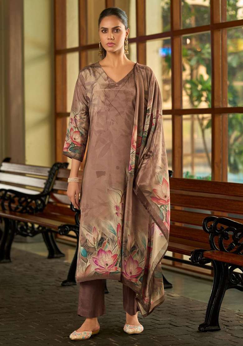 Brown Embroidery Silk Kurta Set - Indya