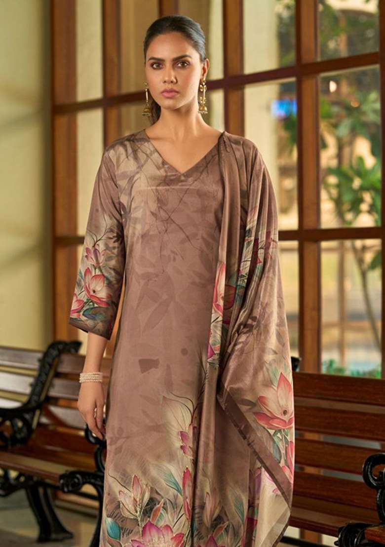 Brown Embroidery Silk Kurta Set - Indya