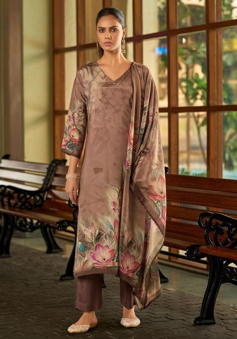 Brown Embroidery Silk Kurta Set