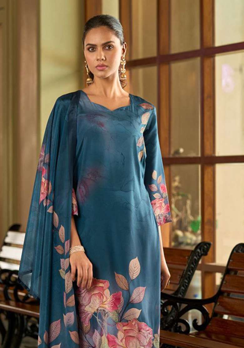 Blue Embroidery Silk Kurta Set - Indya