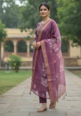 Purple Embroidery Viscose Kurta Set
