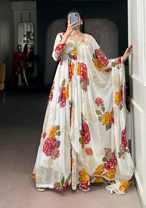 White Embroidery Chiffon Kurta Set