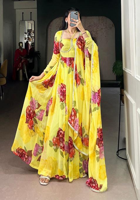 Yellow Embroidery Chiffon Kurta Set
