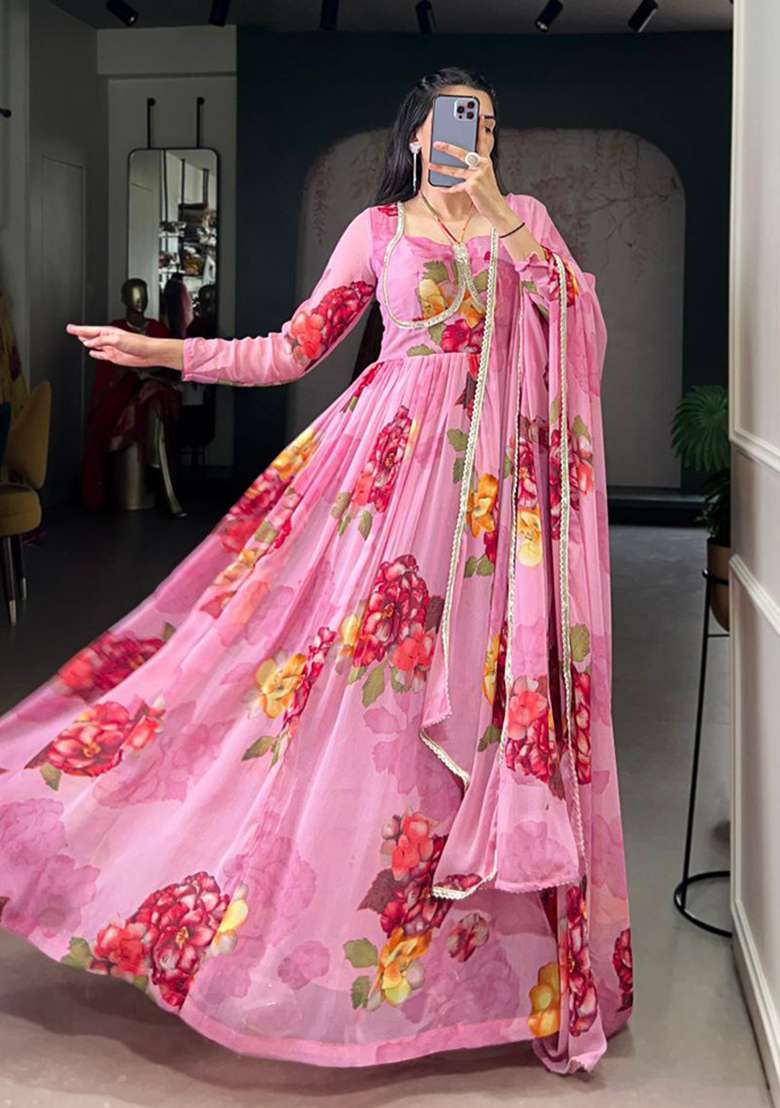 Purple Embroidery Chiffon Kurta Set - Indya