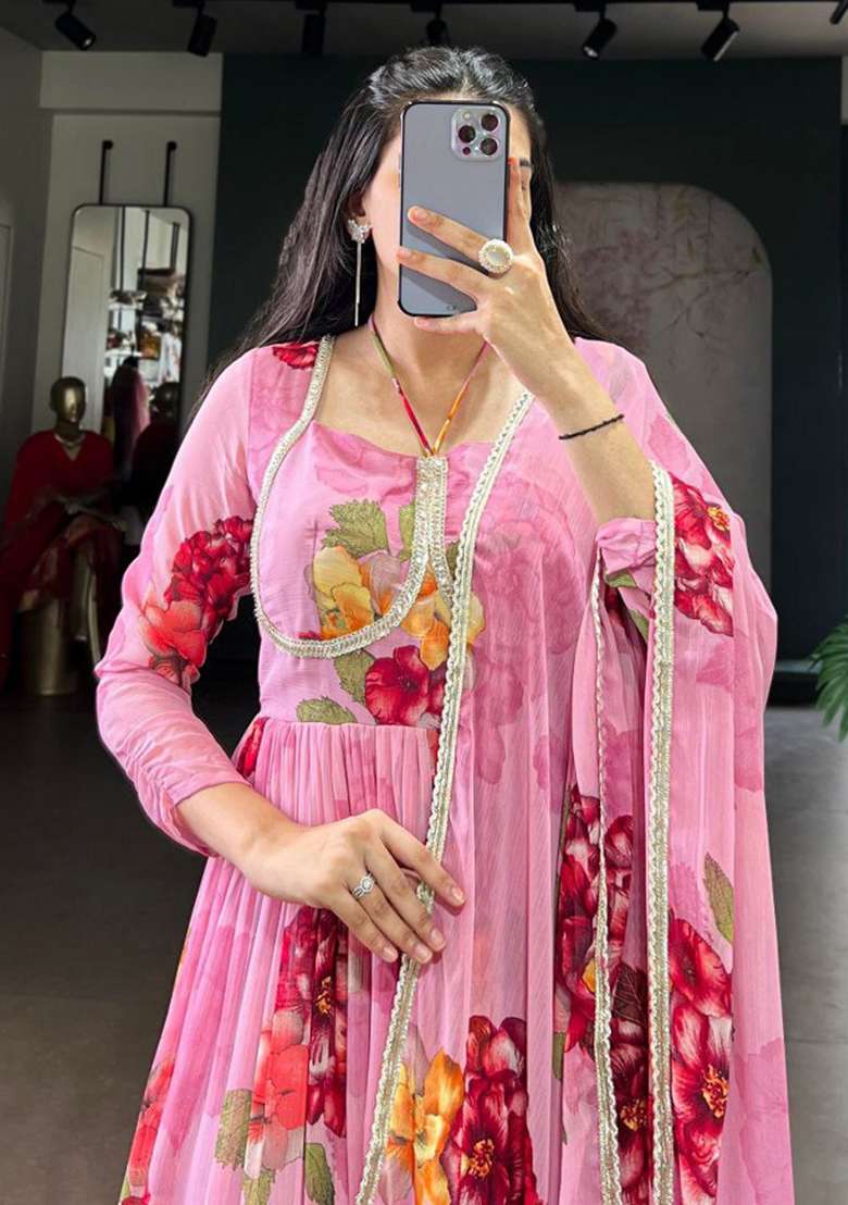 Purple Embroidery Chiffon Kurta Set - Indya