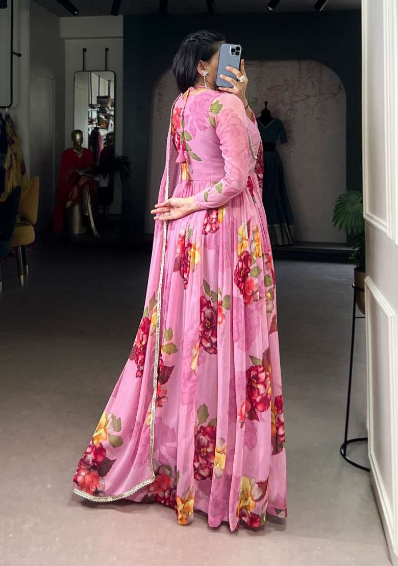 Purple Embroidery Chiffon Kurta Set - Indya