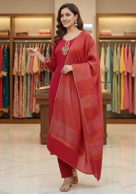 Red Embroidery Viscose Kurta Set