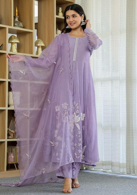 Purple Embroidery Silk Kurta Set