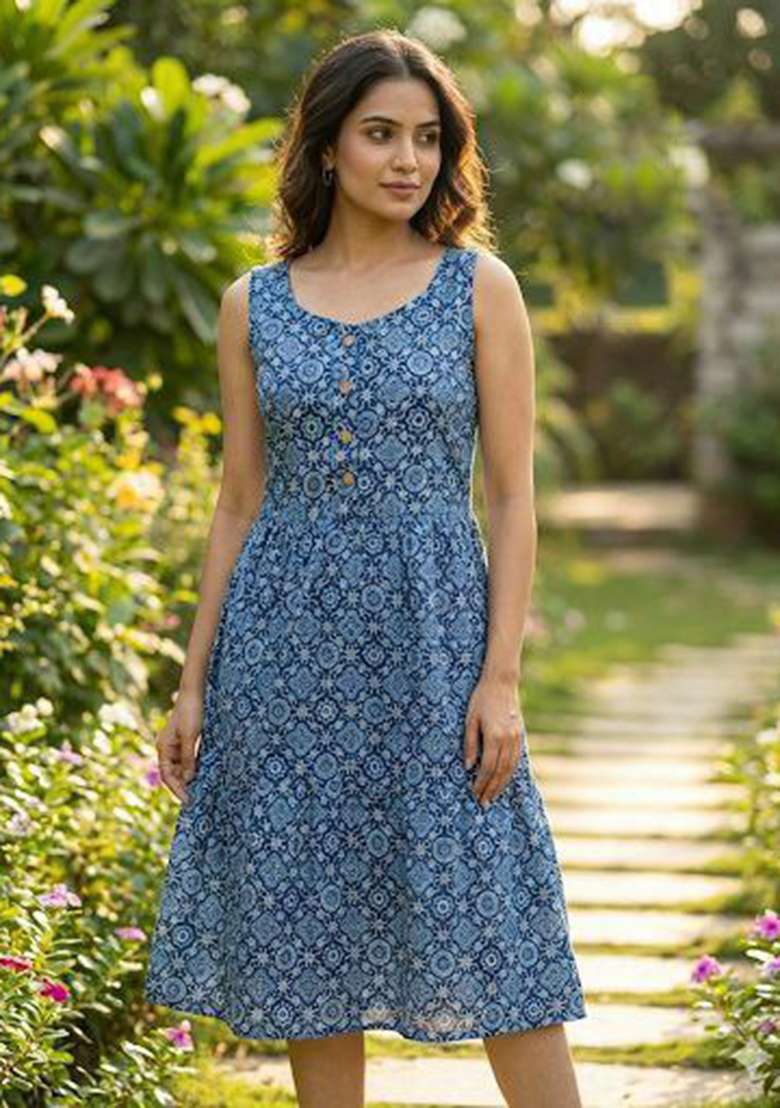 Blue Embroidery Cotton Kurta Set - Indya