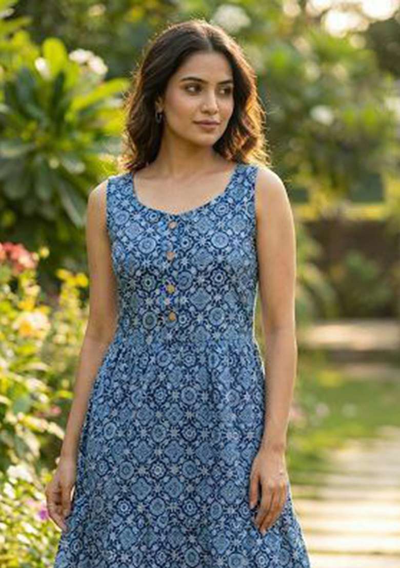 Blue Embroidery Cotton Kurta Set - Indya