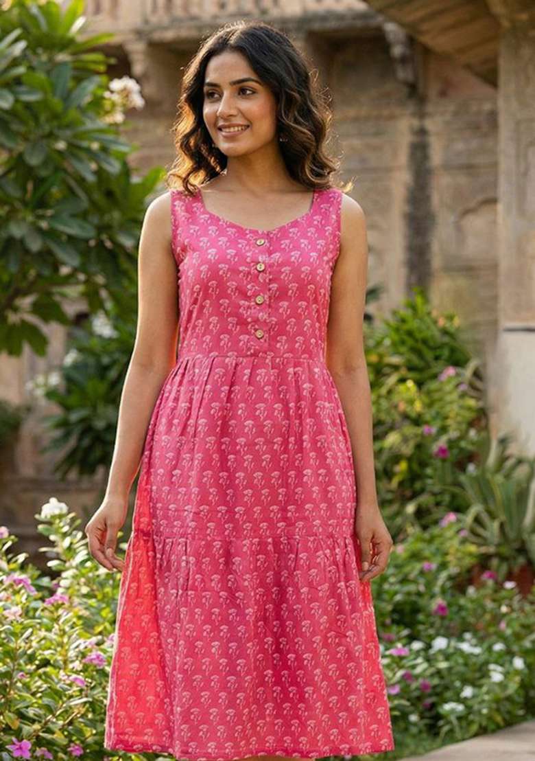 Pink Embroidery Cotton Kurta Set - Indya
