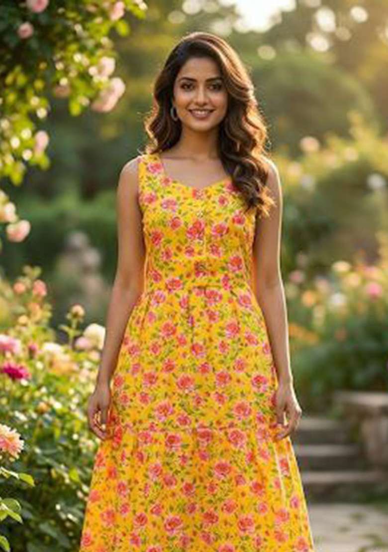 Yellow Embroidery Cotton Kurta Set - Indya