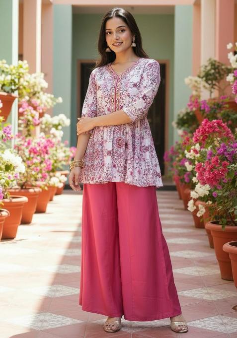 Pink Embroidery Satin Kurta Set