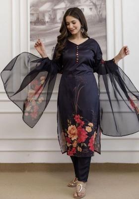 Black Embroidery Silk Kurta Set