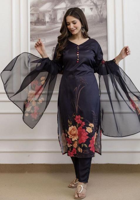 Black Embroidery Silk Kurta Set