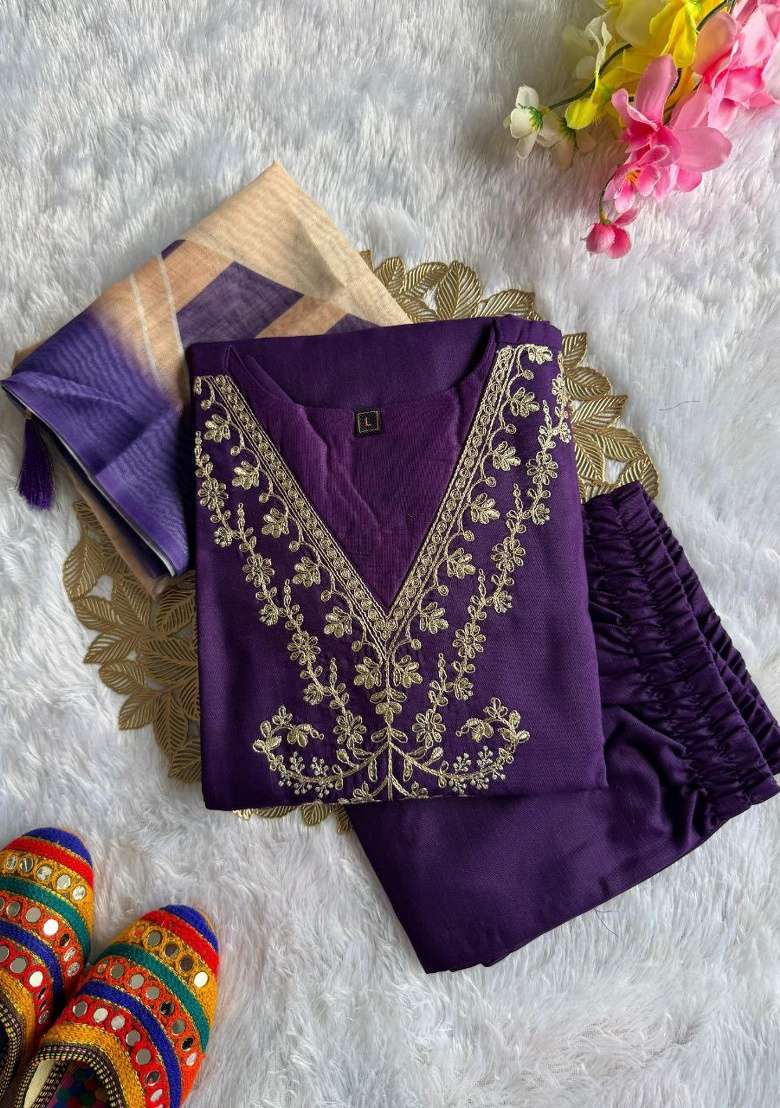Purple Embroidery Rayon Kurta Set - Indya