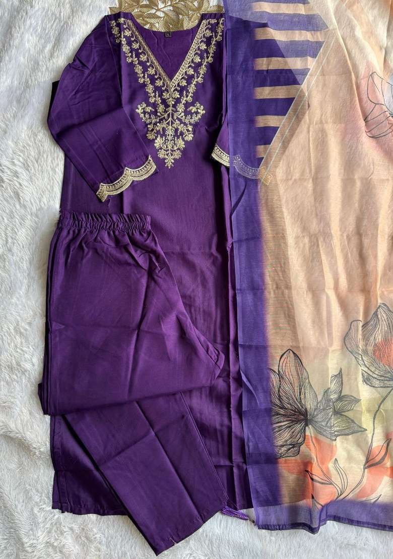 Purple Embroidery Rayon Kurta Set - Indya