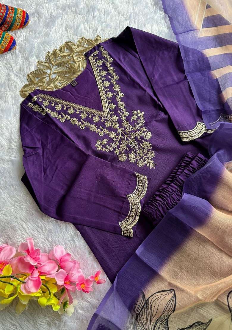 Purple Embroidery Rayon Kurta Set - Indya