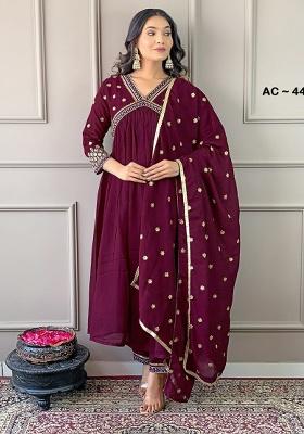 Wine Embroidery Silk Kurta Set