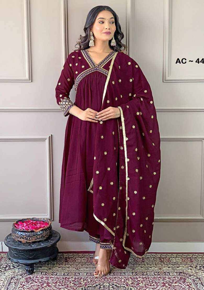 Wine Embroidery Silk Kurta Set - Indya