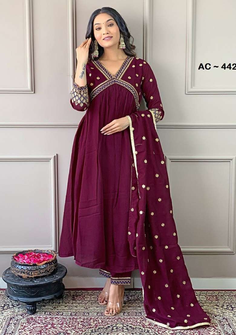 Wine Embroidery Silk Kurta Set - Indya