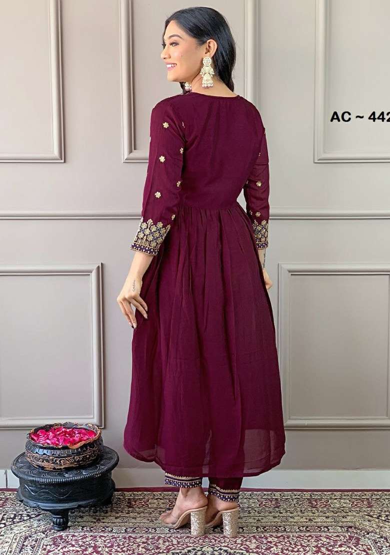 Wine Embroidery Silk Kurta Set - Indya