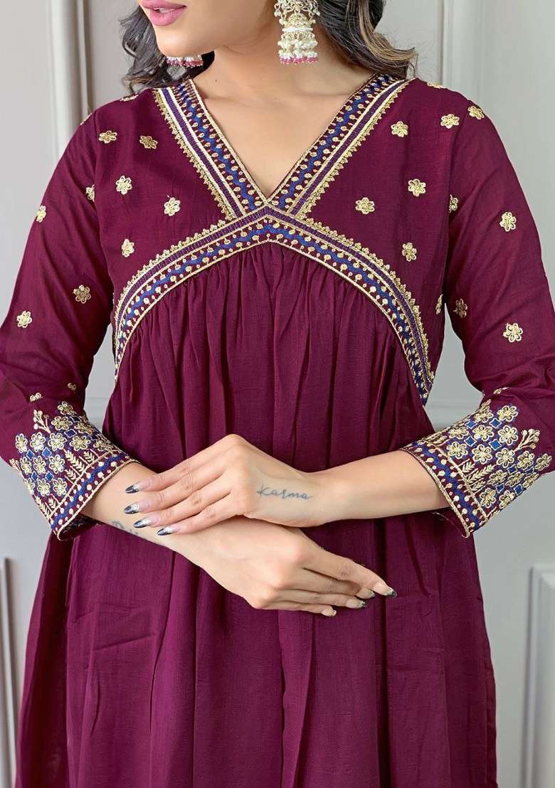 Wine Embroidery Silk Kurta Set - Indya