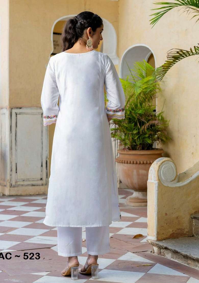 White Embroidery Silk Kurta Set - Indya