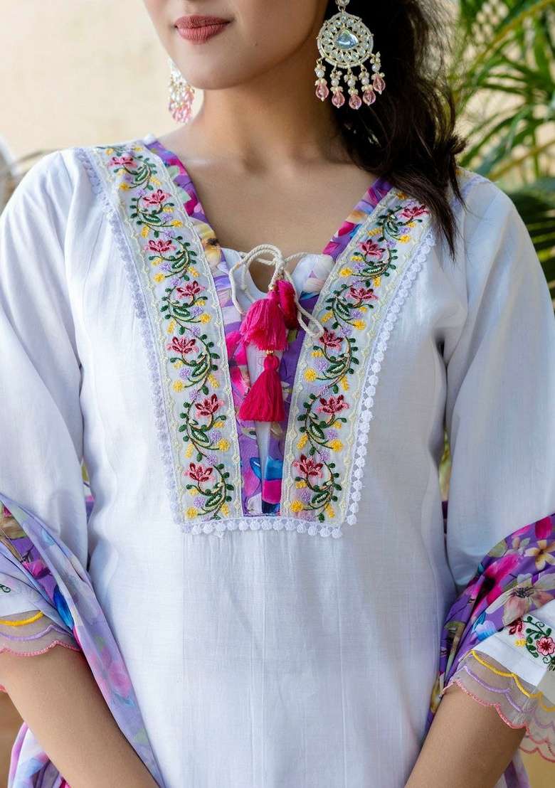White Embroidery Silk Kurta Set - Indya