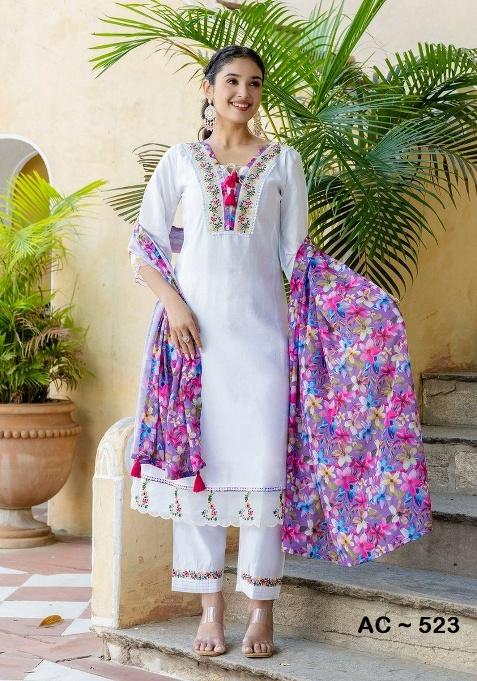 White Embroidery Silk Kurta Set