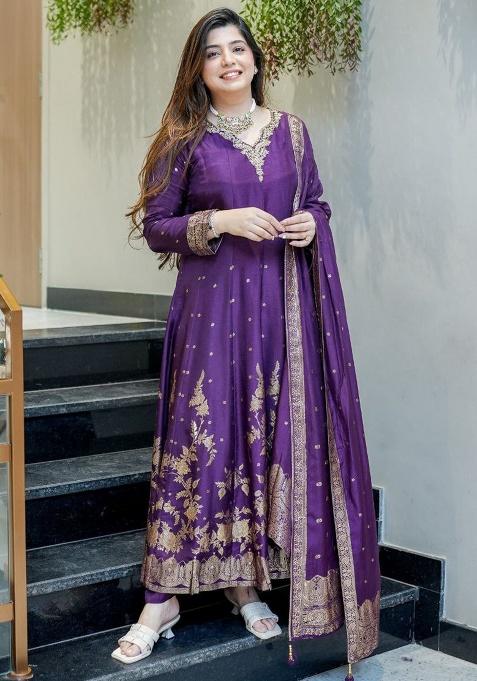 Purple Embroidery Banarasi Kurta Set