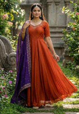 Orange Embroidery Silk Kurta Set