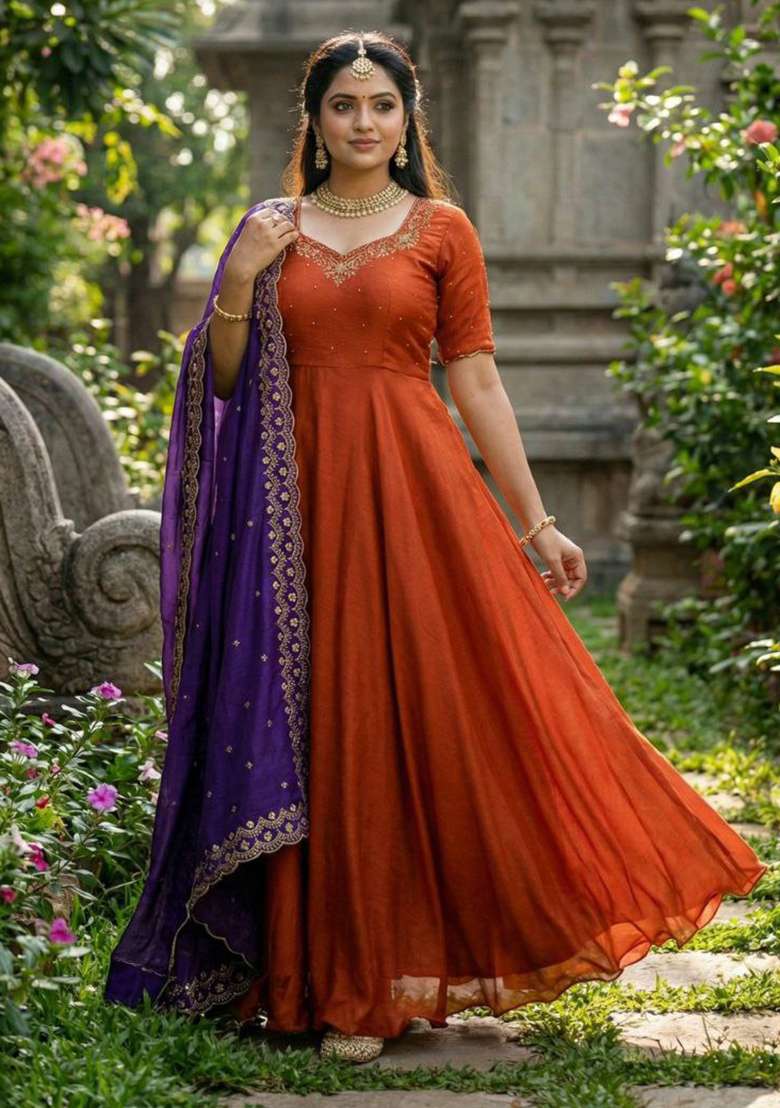 Orange Embroidery Silk Blend Kurta Set - Indya