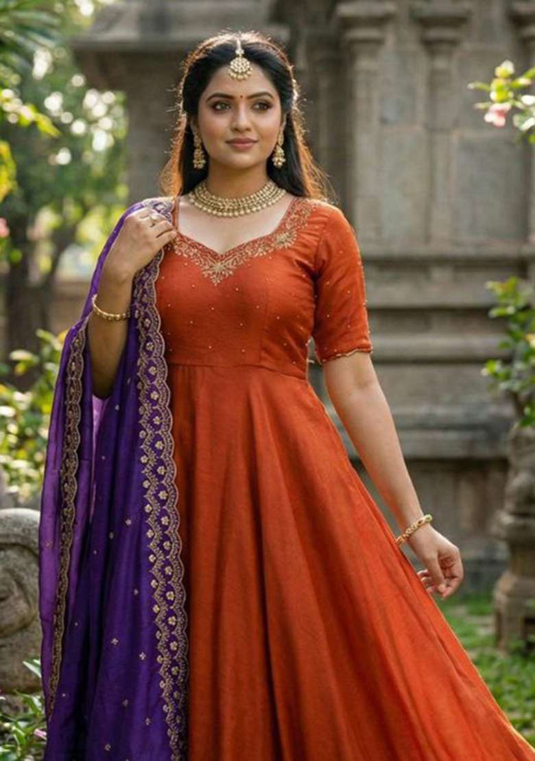 Orange Embroidery Silk Blend Kurta Set - Indya